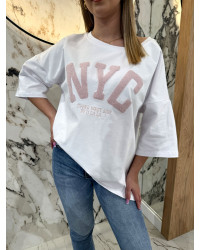 T-shirt NYC By o la la...! biały z różem