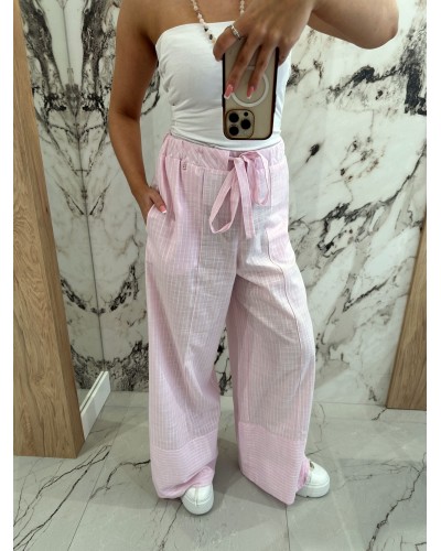 Spodnie materiałowe z szeroką nogawką w paski By o la la...! różowe