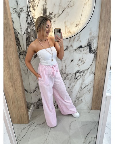 Spodnie materiałowe z szeroką nogawką w paski By o la la...! różowe