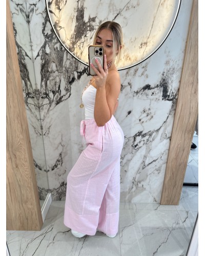 Spodnie materiałowe z szeroką nogawką w paski By o la la...! różowe