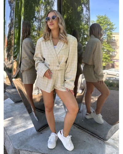 Komplet lniany w kratę La Milla beż z zielonym