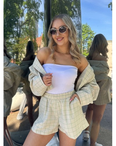 Komplet lniany w kratę La Milla beż z zielonym