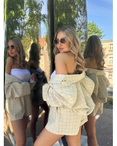 Komplet lniany w kratę La Milla beż z zielonym