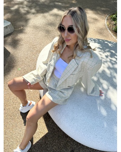 Komplet lniany w kratę La Milla beż z zielonym