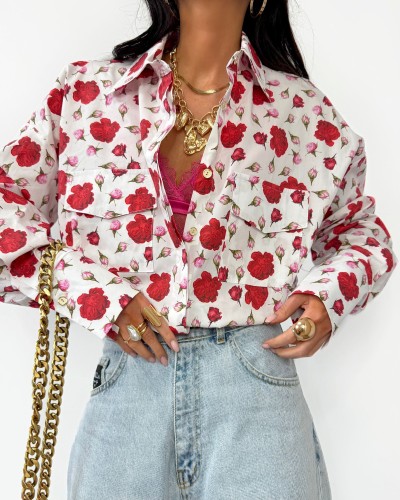 Koszula w kwiaty La Milla biała z czerwienią