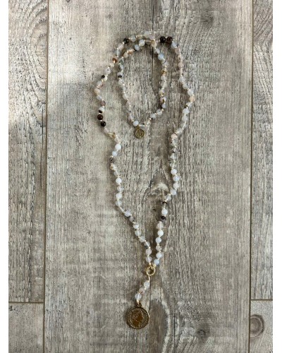 Naszyjnik różaniec z agatu beżowego  By o la la...! moneta złota