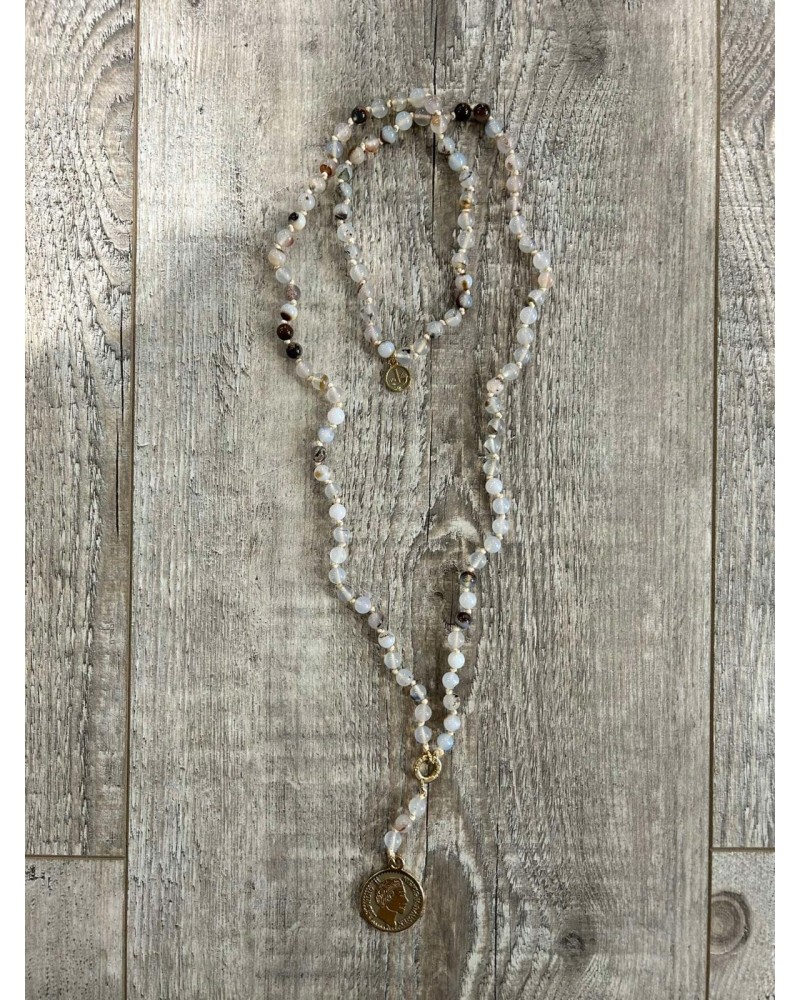 Naszyjnik różaniec z agatu beżowego  By o la la...! moneta srebrna