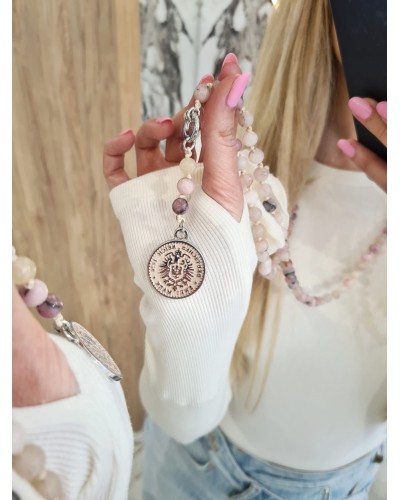 Naszyjnik różaniec z kwarcu różowego By o la la...! moneta srebrna