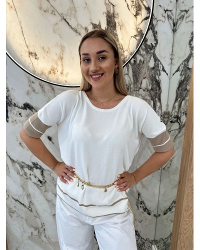 Sweterek z krótkim rękawem By o la la...! śmietankowy z beżowym