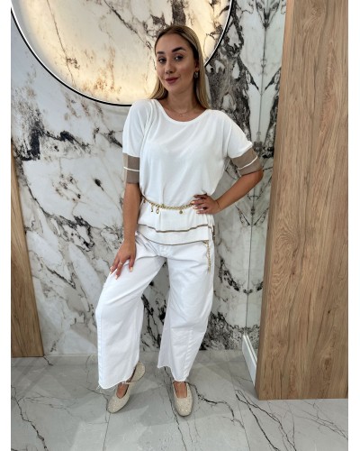 Sweterek z krótkim rękawem By o la la...! śmietankowy z beżowym