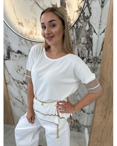 Sweterek z krótkim rękawem By o la la...! śmietankowy z beżowym