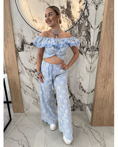 Komplet ażurowy hiszpanka + spodnie By o la la...! niebieski