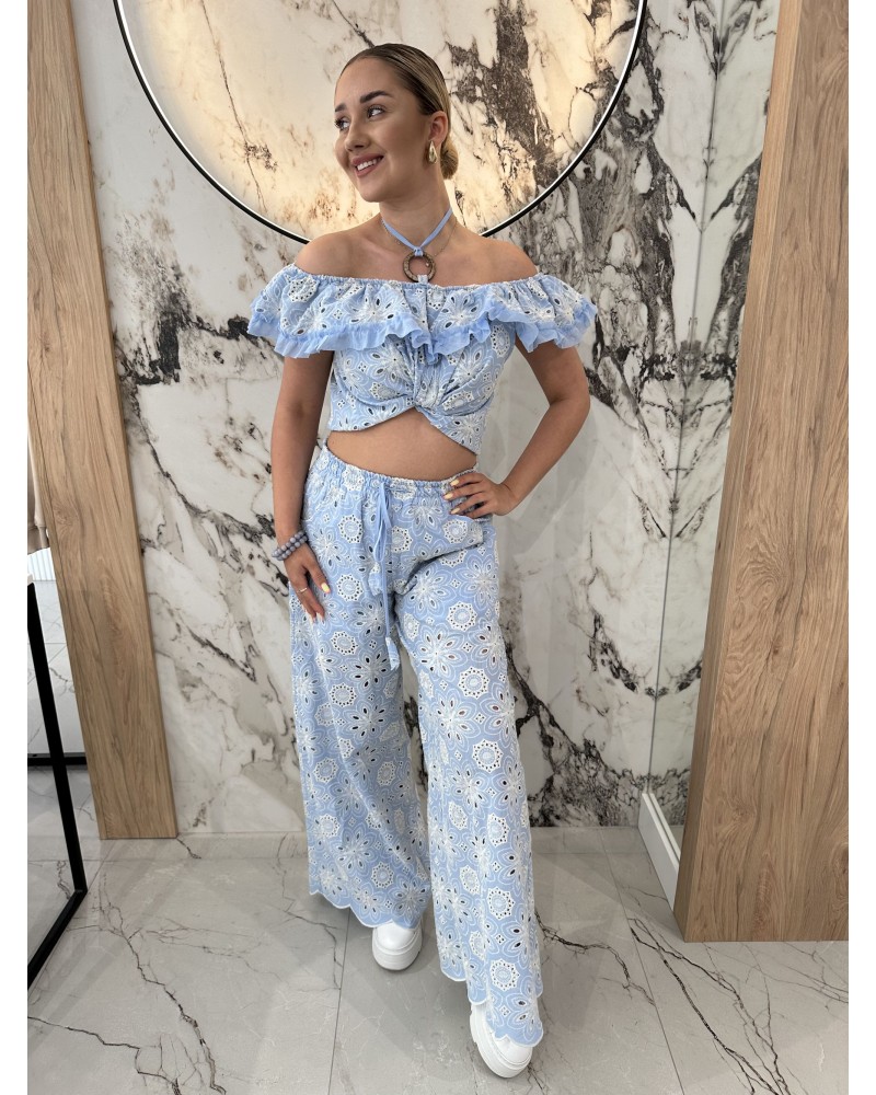 Komplet ażurowy hiszpanka + spodnie By o la la...! niebieski