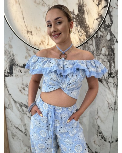 Komplet ażurowy hiszpanka + spodnie By o la la...! niebieski