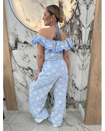 Komplet ażurowy hiszpanka + spodnie By o la la...! niebieski