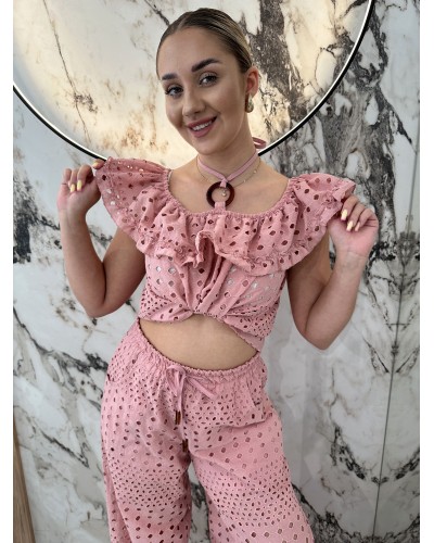 Komplet ażurowy spodnie + hiszpanka By o la la...! różowy