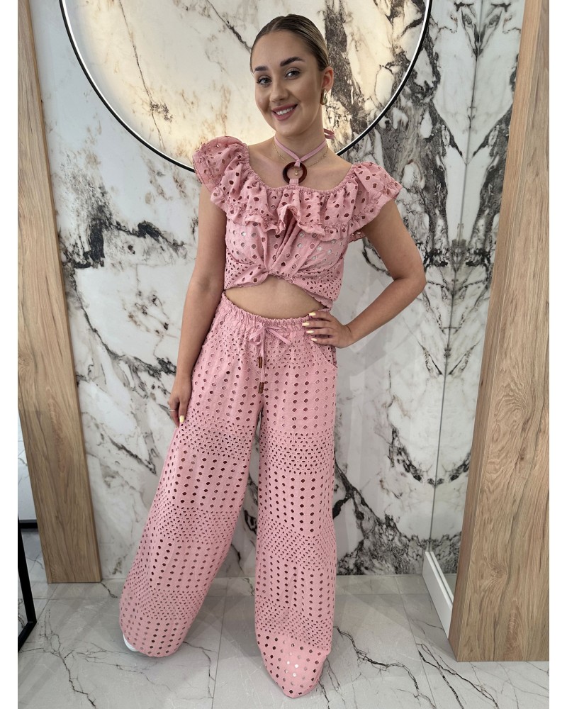 Komplet ażurowy spodnie + hiszpanka By o la la...! różowy
