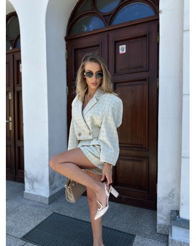 Komplet lniany w kratę La Milla beż z zielonym