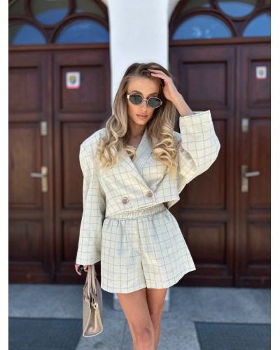 Komplet lniany w kratę La Milla beż z zielonym