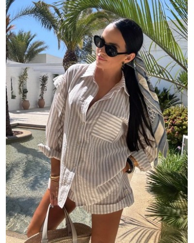 Komplet lniany w beżowe paski La Milla