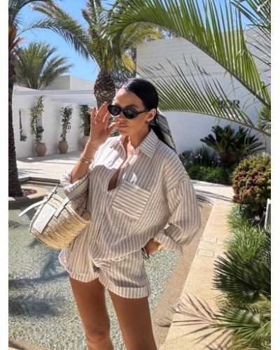 Komplet lniany w beżowe paski La Milla