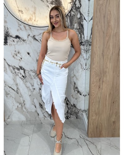 Top prążek z koronkowym dekoltem By o la la...! beżowy