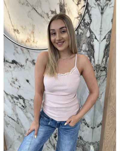 Top prążek z koronkowym dekoltem By o la la...! różowy
