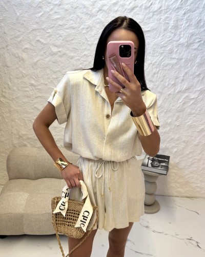 Komplet koszula+ spodenki w paski La Milla beż z żółtym