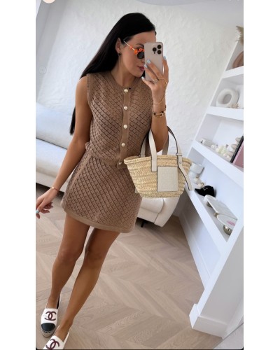 Komplet ażurowy kamizelka + spódniczka La Milla mleczna czekolada