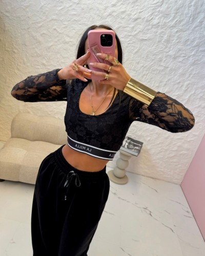 Koronkowy top z długim rękawem La Milla czarny