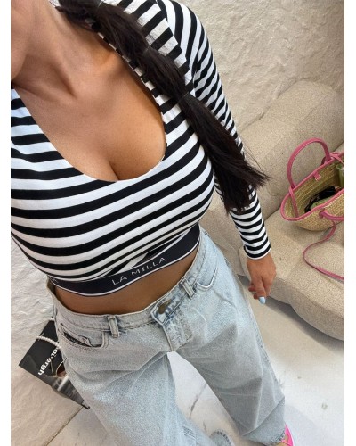 Crop top w paski La Milla biało-czarny