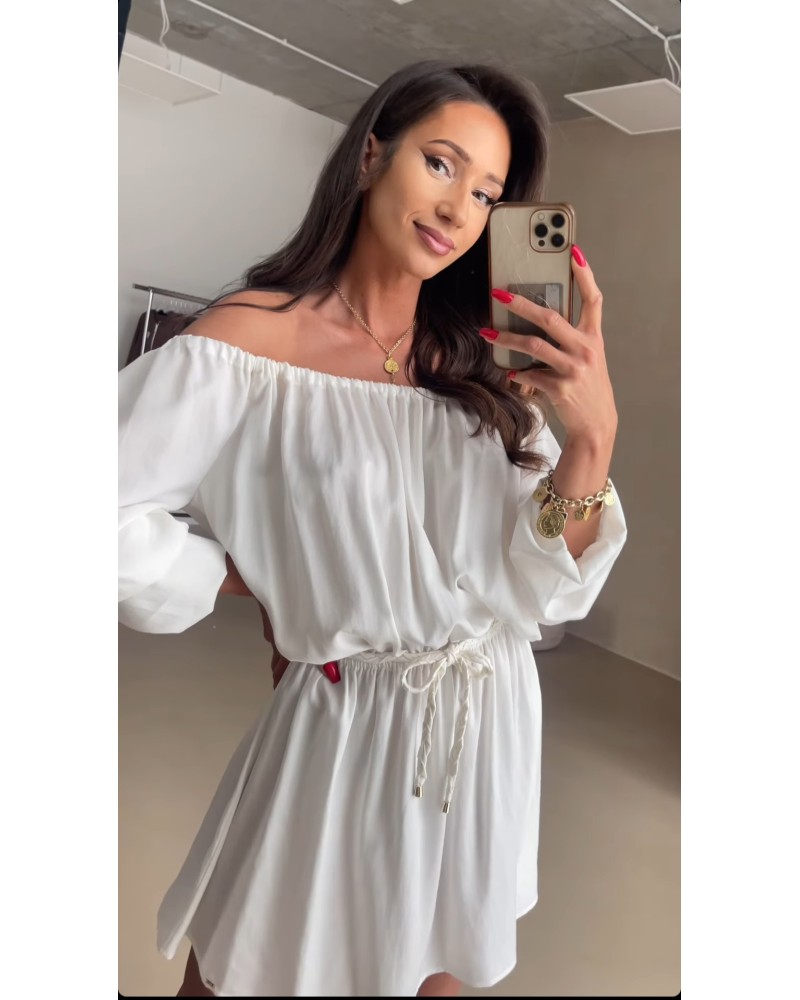 Sukienka z plecionym paskiem By o la la...! śmietanowa