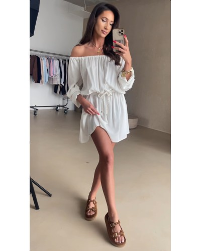 Sukienka z plecionym paskiem By o la la...! śmietanowa