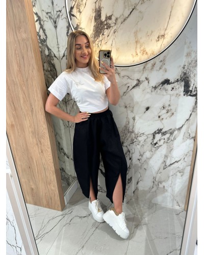 Spodnie lniane z rozcięciem By o la la...! czarne