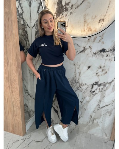 Spodnie lniane z rozcięciem By o la la...! granatowe