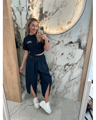 Spodnie lniane z rozcięciem By o la la...! granatowe