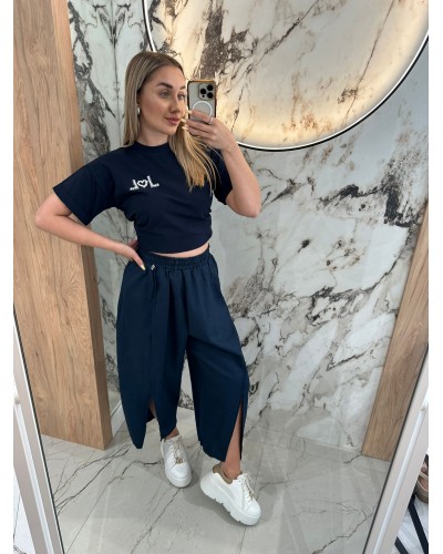 Spodnie lniane z rozcięciem By o la la...! granatowe