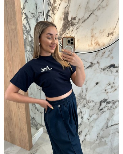 Spodnie lniane z rozcięciem By o la la...! granatowe