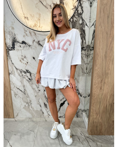 T-shirt NYC By o la la...! biały z różem