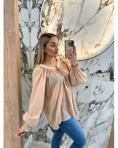 Bluzka z haftowanym dekoltem By o la la...! beżowa