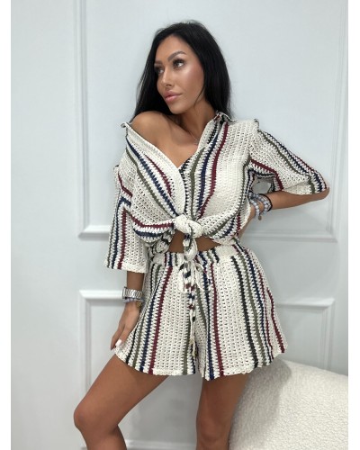 Komplet lniany ażurowy w pasy La Milla