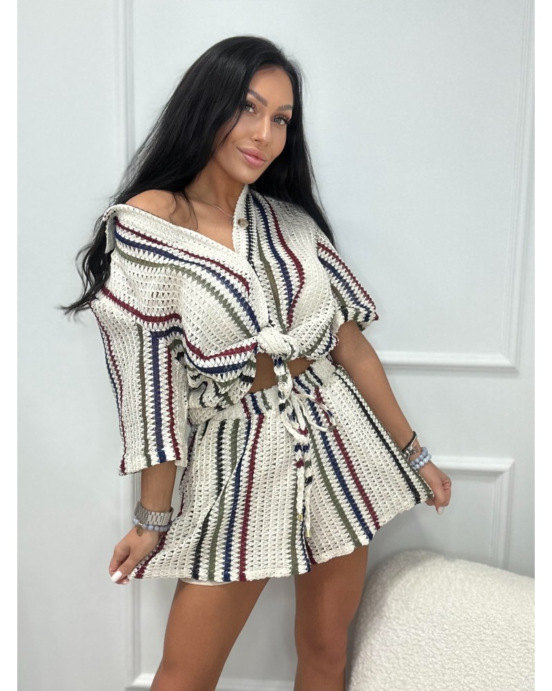 Komplet lniany ażurowy w pasy La Milla