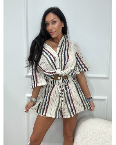 Komplet lniany ażurowy w pasy La Milla