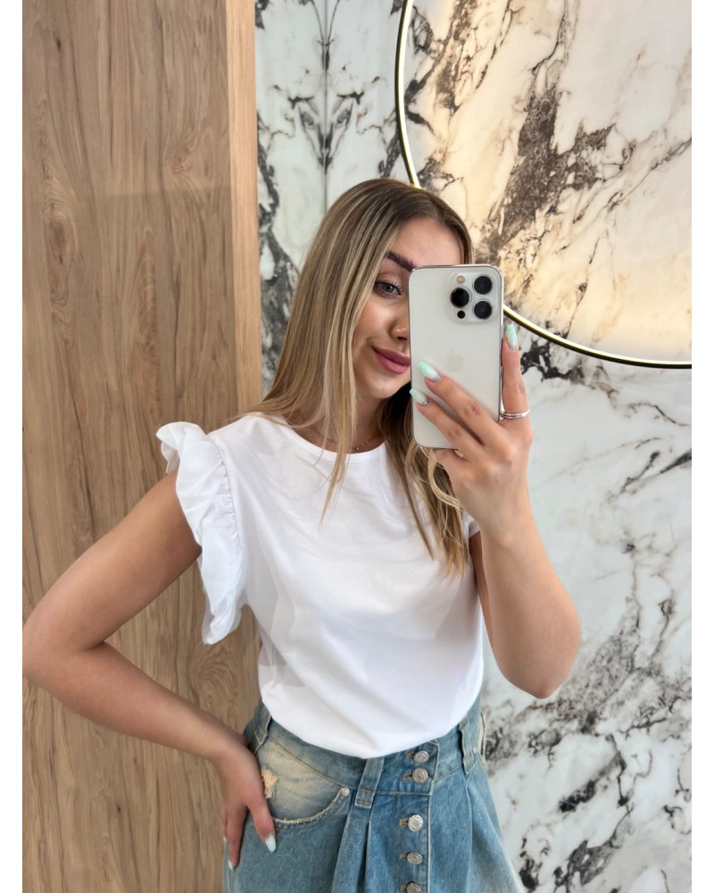 T-shirt bez rękawów z falbanką By o la la...! biały