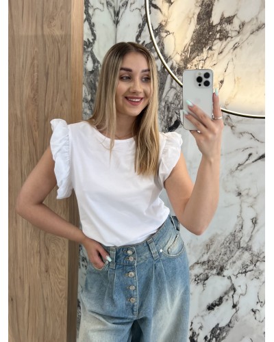 T-shirt bez rękawów z falbanką By o la la...! biały