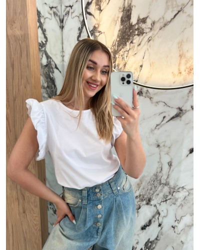 T-shirt bez rękawów z falbanką By o la la...! biały