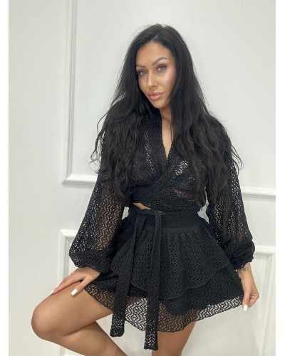 Komplet ażurowy spódniczka+ bluzka La Milla czarny