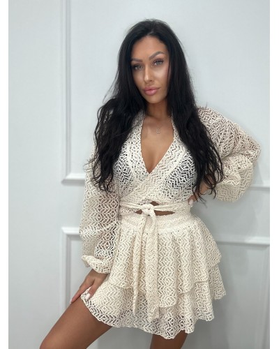 Komplet ażurowy spódniczka+ bluzka La Milla beżowy