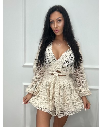 Komplet ażurowy spódniczka+ bluzka La Milla beżowy