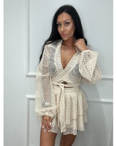 Komplet ażurowy spódniczka+ bluzka La Milla beżowy